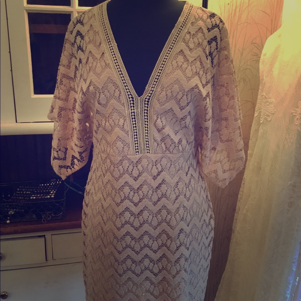 Tan lace shift dress with flutter sleeve